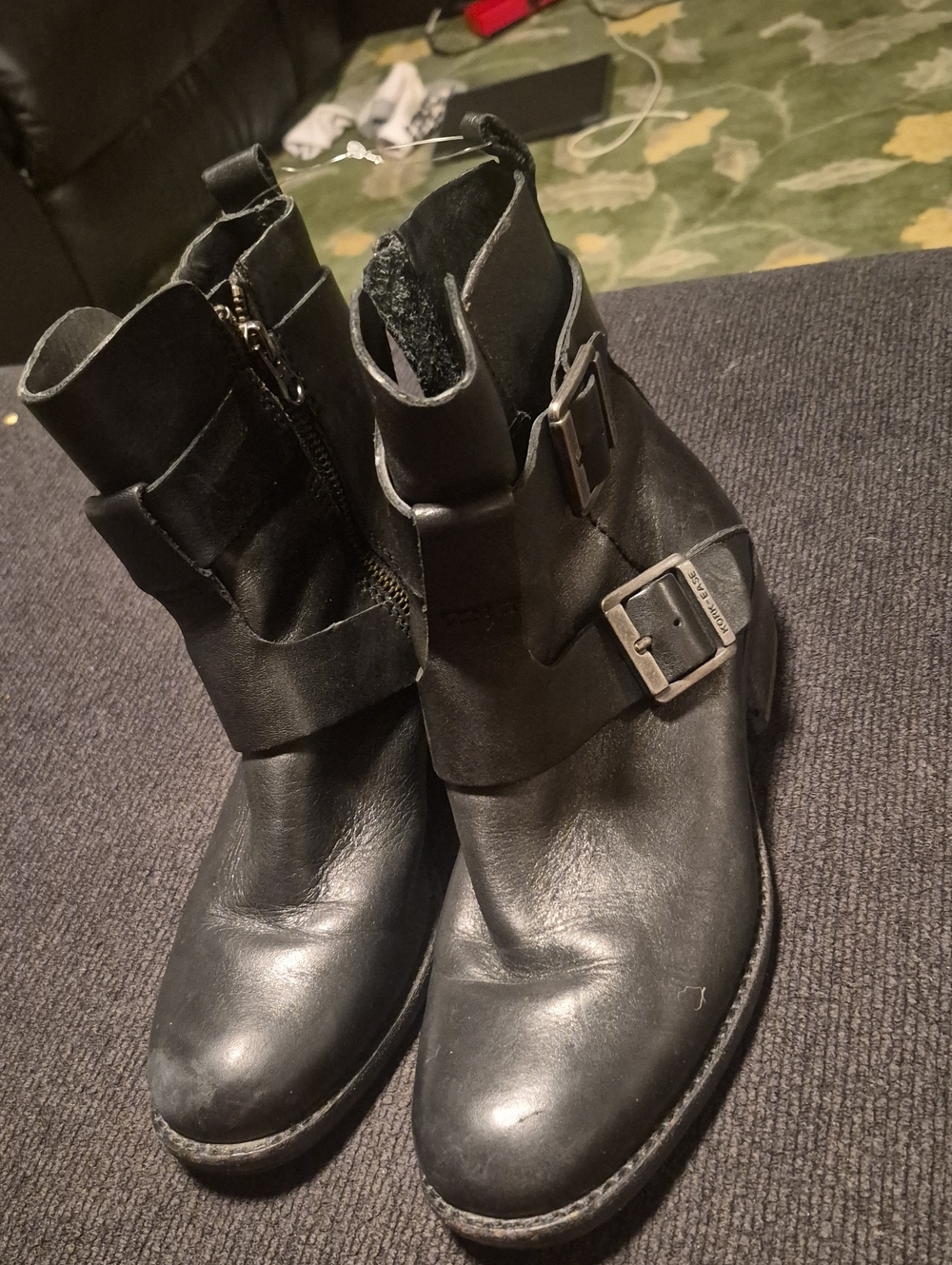 Black Leather Buckle Ankle Boots